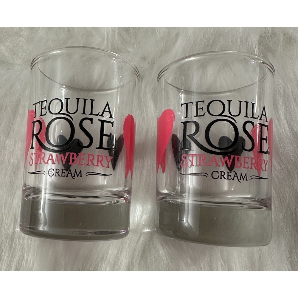 Set Of 2 Tequila Rose Strawberry Cream Shot Glass Black Pink Hearts Glasses